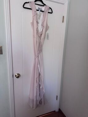 BHLDN Anthropology Donna Morgan Blush Pink Ruffle V-Neck wrap long dress
